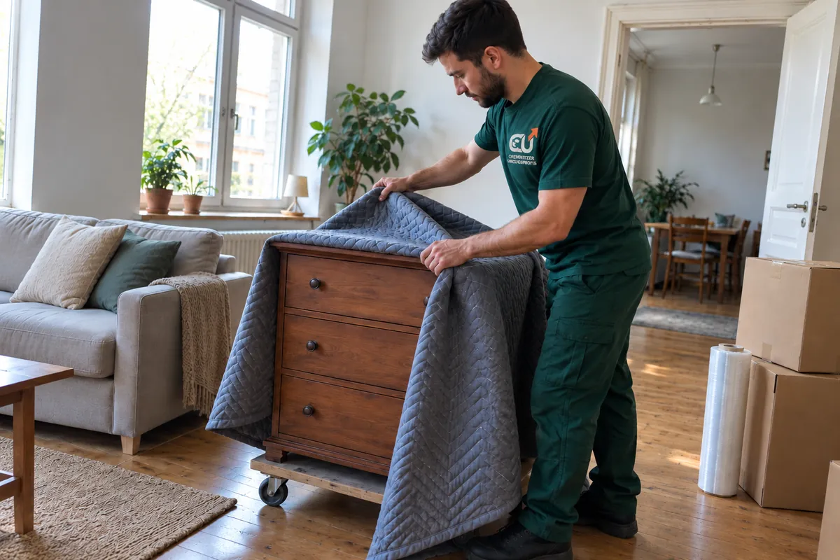 KI-Symbolbild: Ein Umzugshelfer schützt eine Kommode mit einer gepolsterten Möbeldecke.