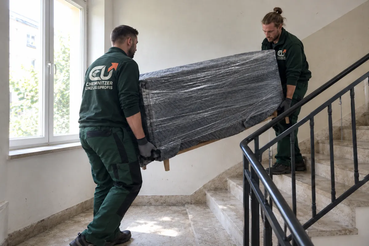 KI-Symbolbild: Zwei Umzugshelfer tragen ein geschütztes Möbelstück durch ein helles Treppenhaus.